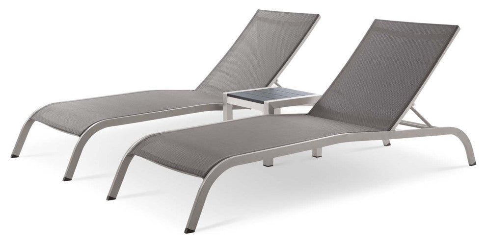 Lounge Chair Chaise Table Set, Aluminum, Metal, Gray, Modern, Outdoor Patio