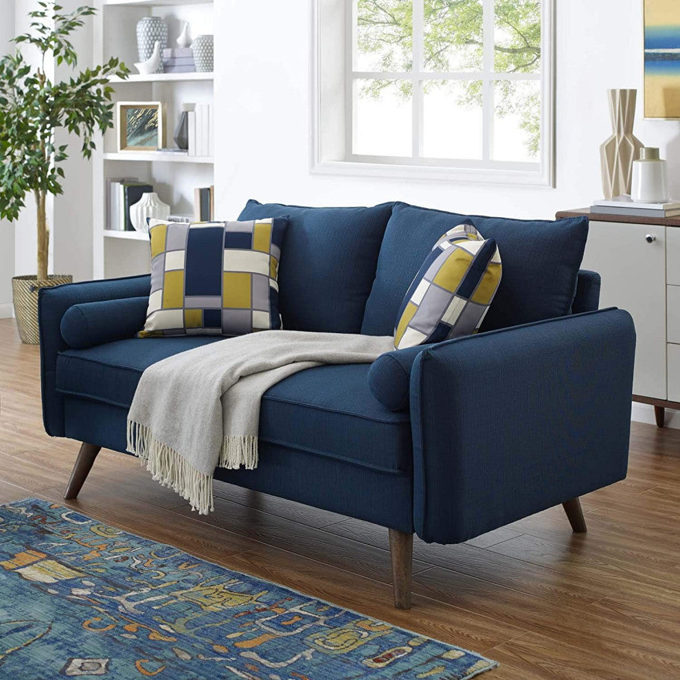 Contemporary Sofa, Comfortable Polyester Seat With Cushioned Back, Azure