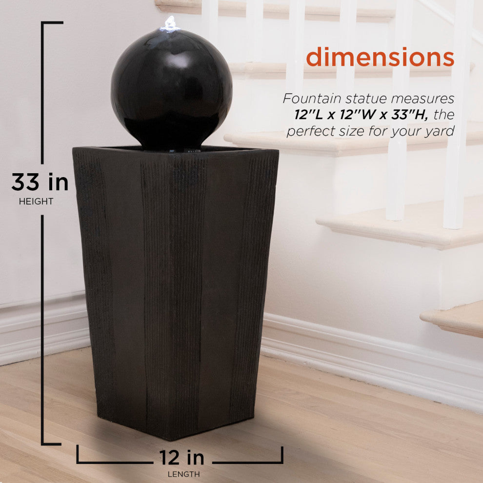 Alpine Modern Sphere Pedestal Fountain With LED Light, Black Finish, 33" Tall