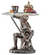 19" Medieval Knight Statue Sculptural Glass Topped Side Table