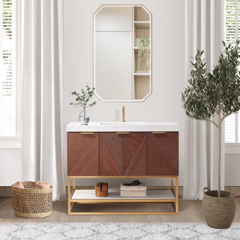 Mahon Bath Vanity, Stone Top, Brushed Gold Base, 42", Single Vanity, No Mirror