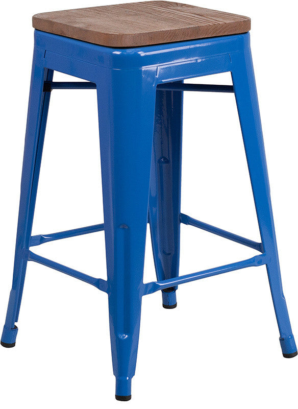 24" High Backless Blue Metal Counter Height Stool With Square Wood Seat