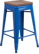 24" High Backless Blue Metal Counter Height Stool With Square Wood Seat