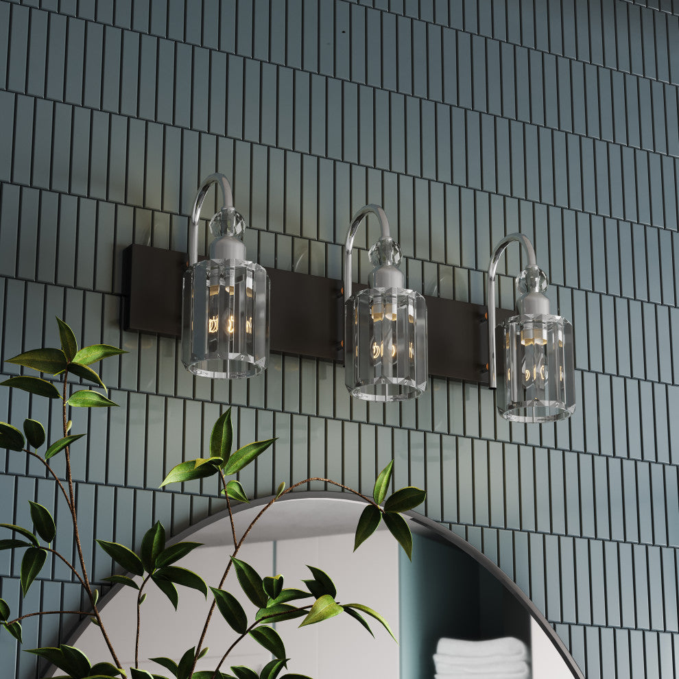 Modern Chrome 3-Light Bathroom Vanity Lighting with Cylinder Textured Glass