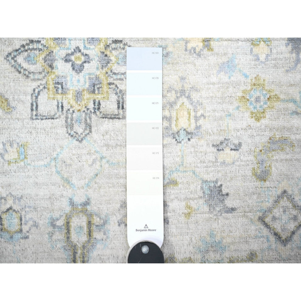 Gray Washed Out Peshawar With Motifs Soft Wool Hand Knotted Rug 3'11"x5'9"