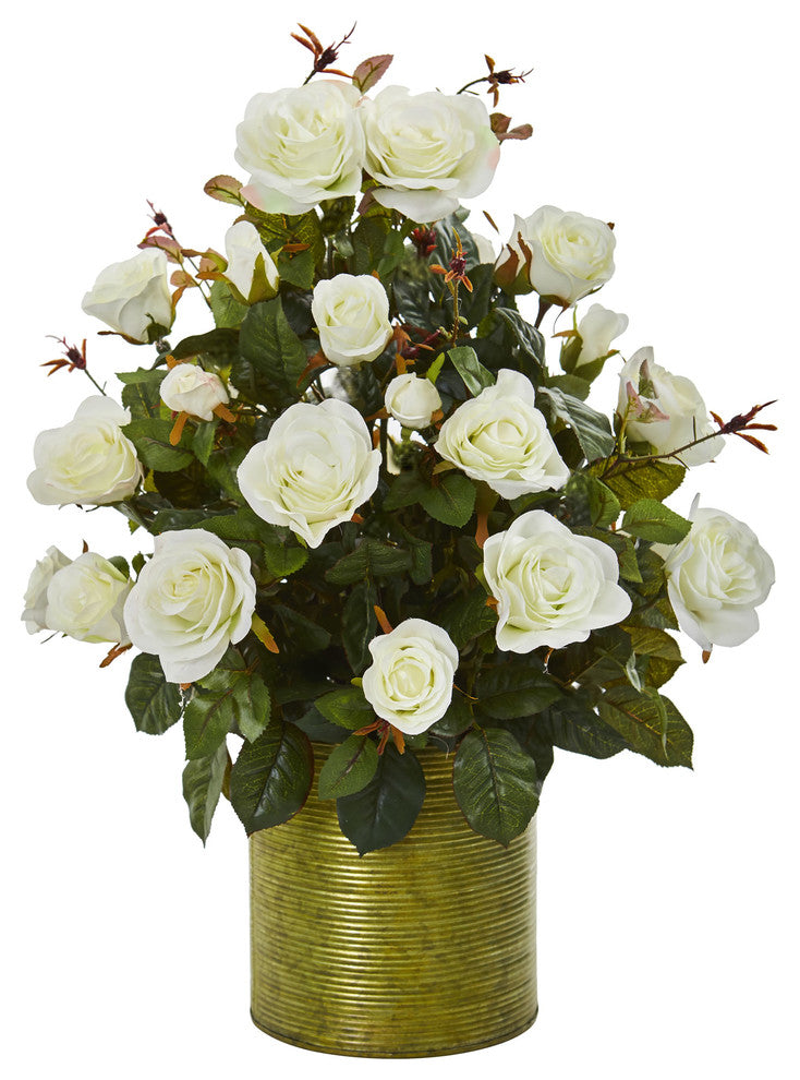 Nearly Natural Garden Rose Artificial Arrangement in Metal Planter White