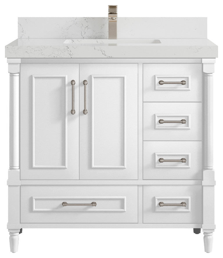 Aberdeen 36 Center Sink Bath Vanity in White 2" Empira Quartz