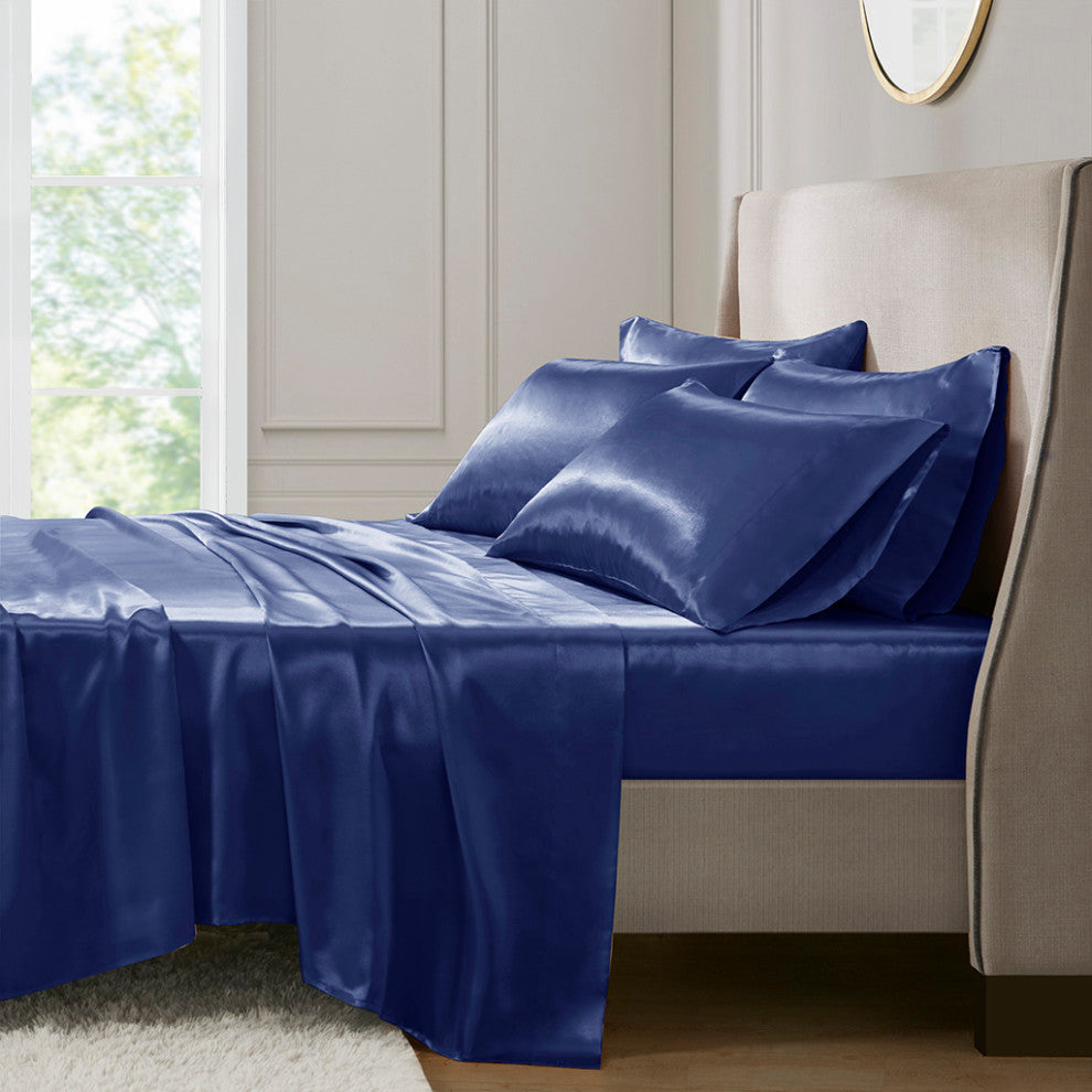 Madison Park Essentials Satin Luxury 6 PC Sheet Set, Navy