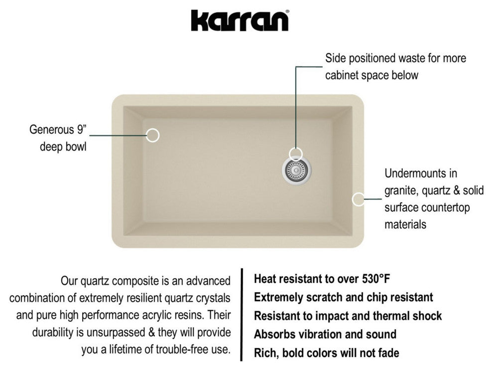 Karran Undermount Quartz 32" Single Bowl Kitchen Sink Kit, Bisque
