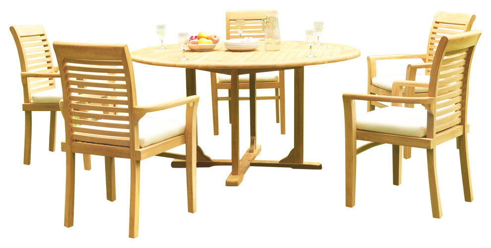6-Piece Outdoor Teak Dining Set: 60" Round Table, 5 Mas Stacking Arm Chairs