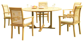 6-Piece Outdoor Teak Dining Set: 60" Round Table, 5 Mas Stacking Arm Chairs