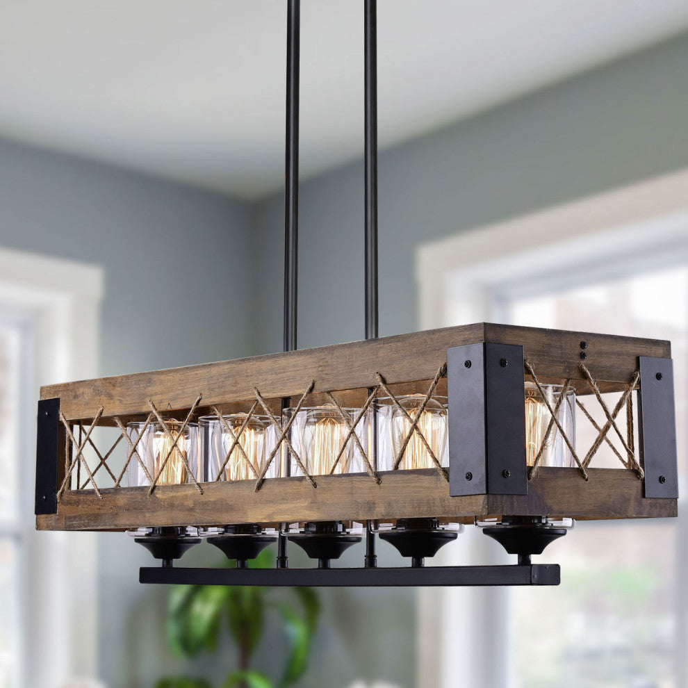 LNC 32" 5-Light Wood Farmhouse Brown Linear Kitchen Island Light