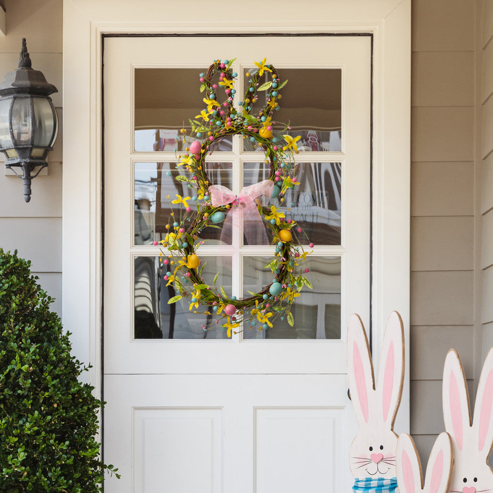 24.5"H Easter Bunny Shaped Wreath With Eggs and Satin Ribbon Bow