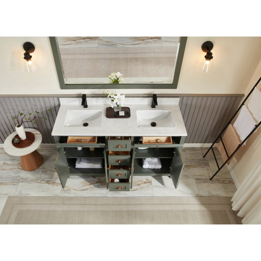Vanity With Mirror, Sconce and Faucet Included, Pewter Green, 60"