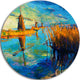 Windmills With Sky And Water, Landscape Disc Metal Artwork, 11"