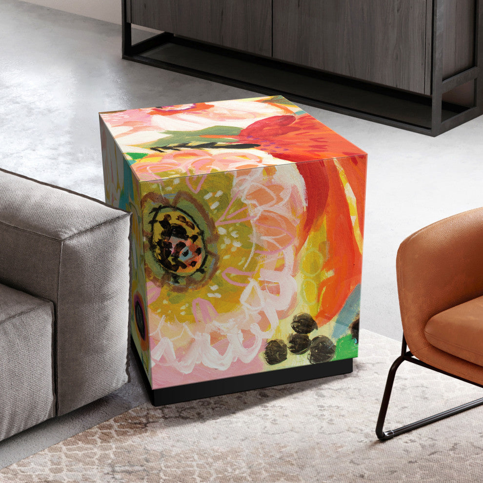 "Secret Garden Floral III" Printed Art Glass Side Table with Black Plinth Base