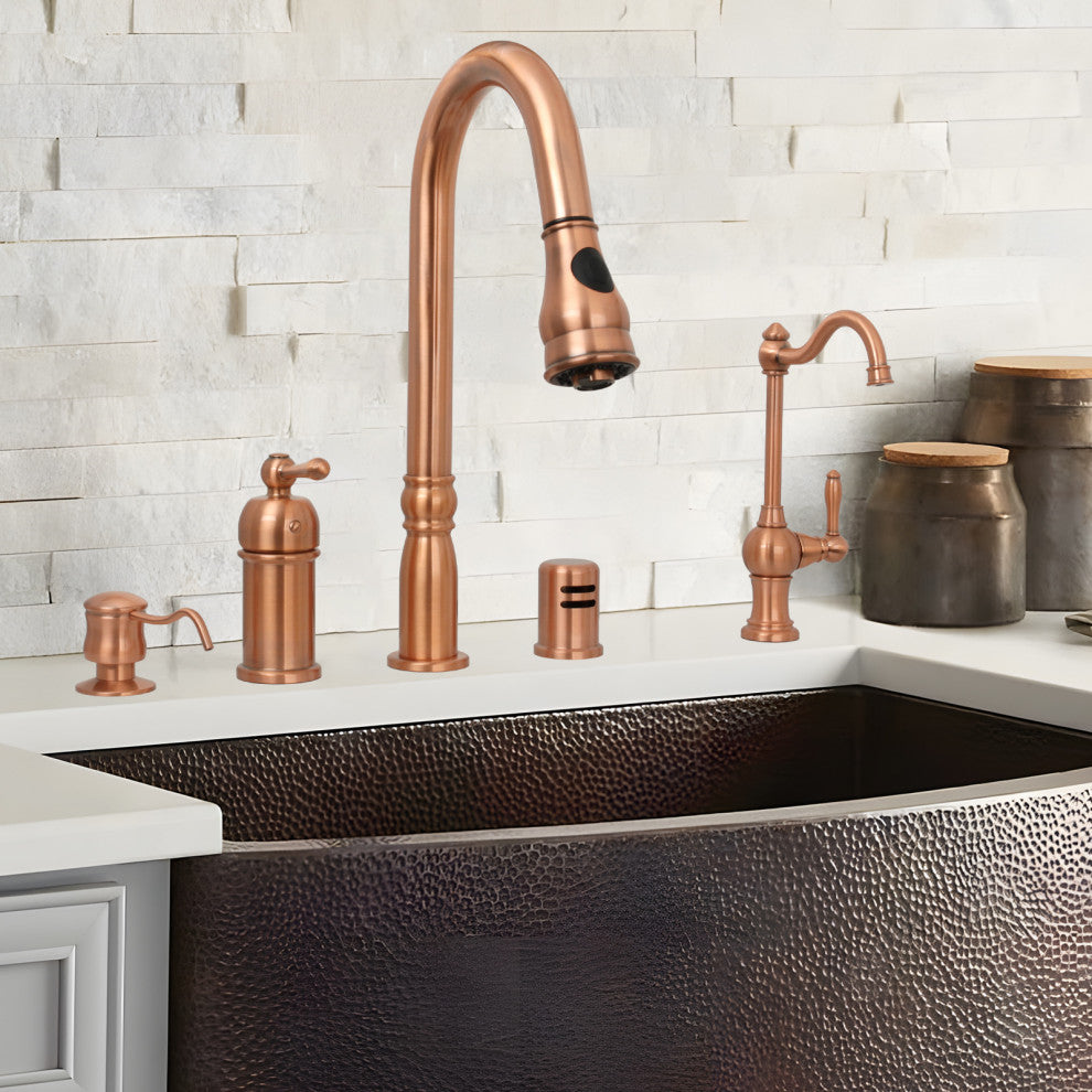 Copper Pull Down Kitchen Faucet With in-Deck Handle and Soap Dispenser