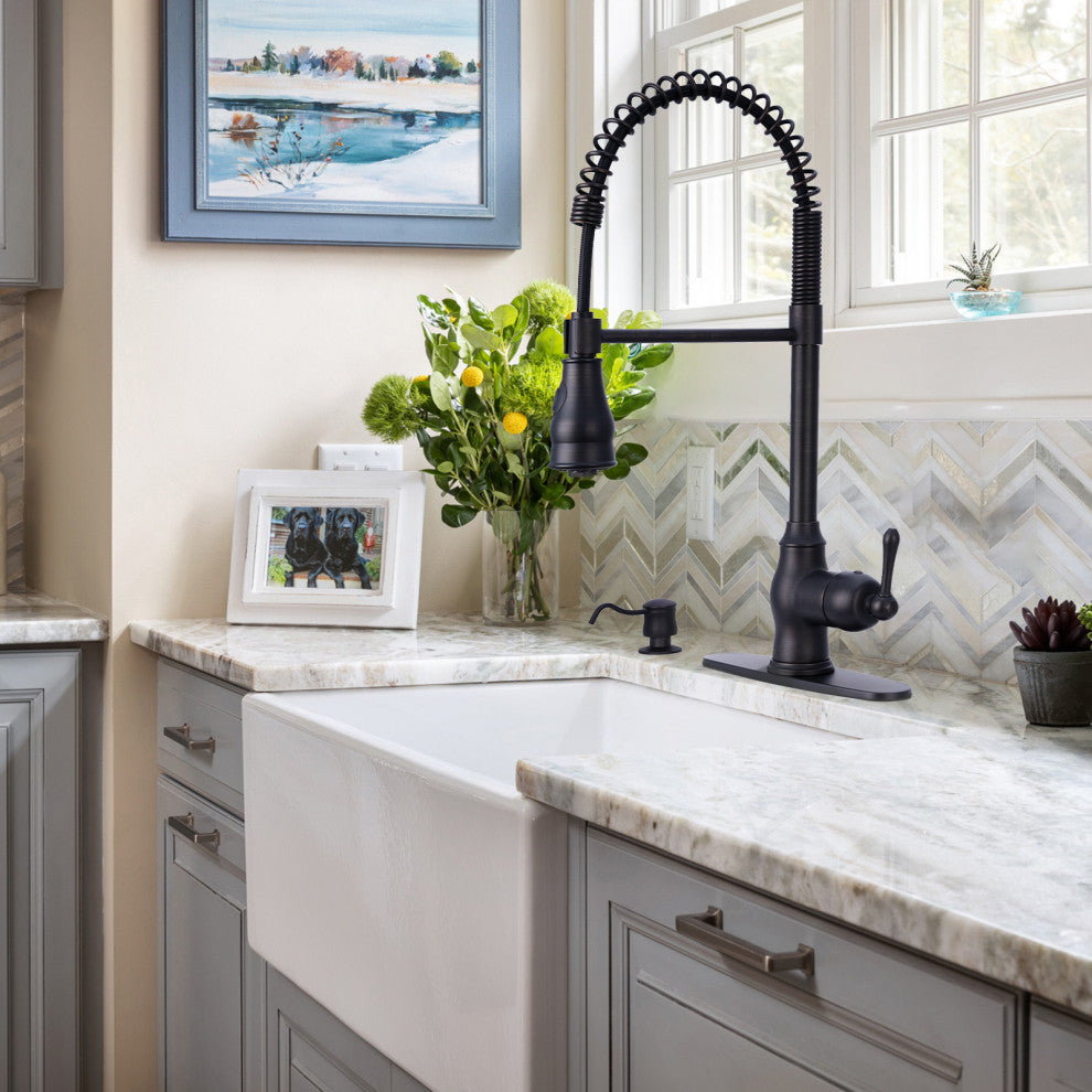 Copper Pre-Rinse Spring Kitchen Faucet with Pull Down Sprayer, Oil Rubbed Bronze