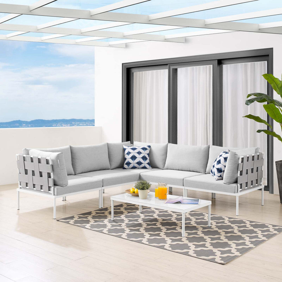 Lounge Sectional Sofa Chair Table Set, Sunbrella, Aluminum, Gray, Outdoor