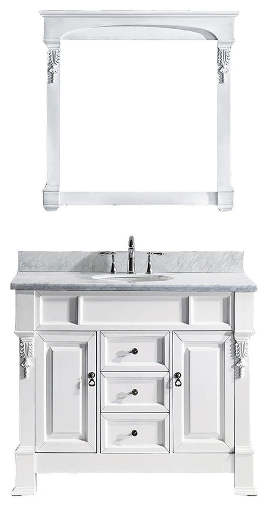 Virtu Huntshire 40" Single Bathroom Vanity, White With Marble Top, With Mirror