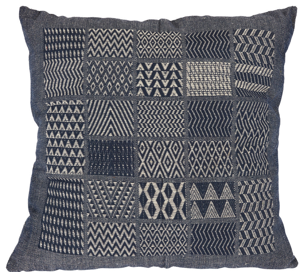 Artisan Hand Loomed Cotton Square Pillow, Indigo Blocks, 24"