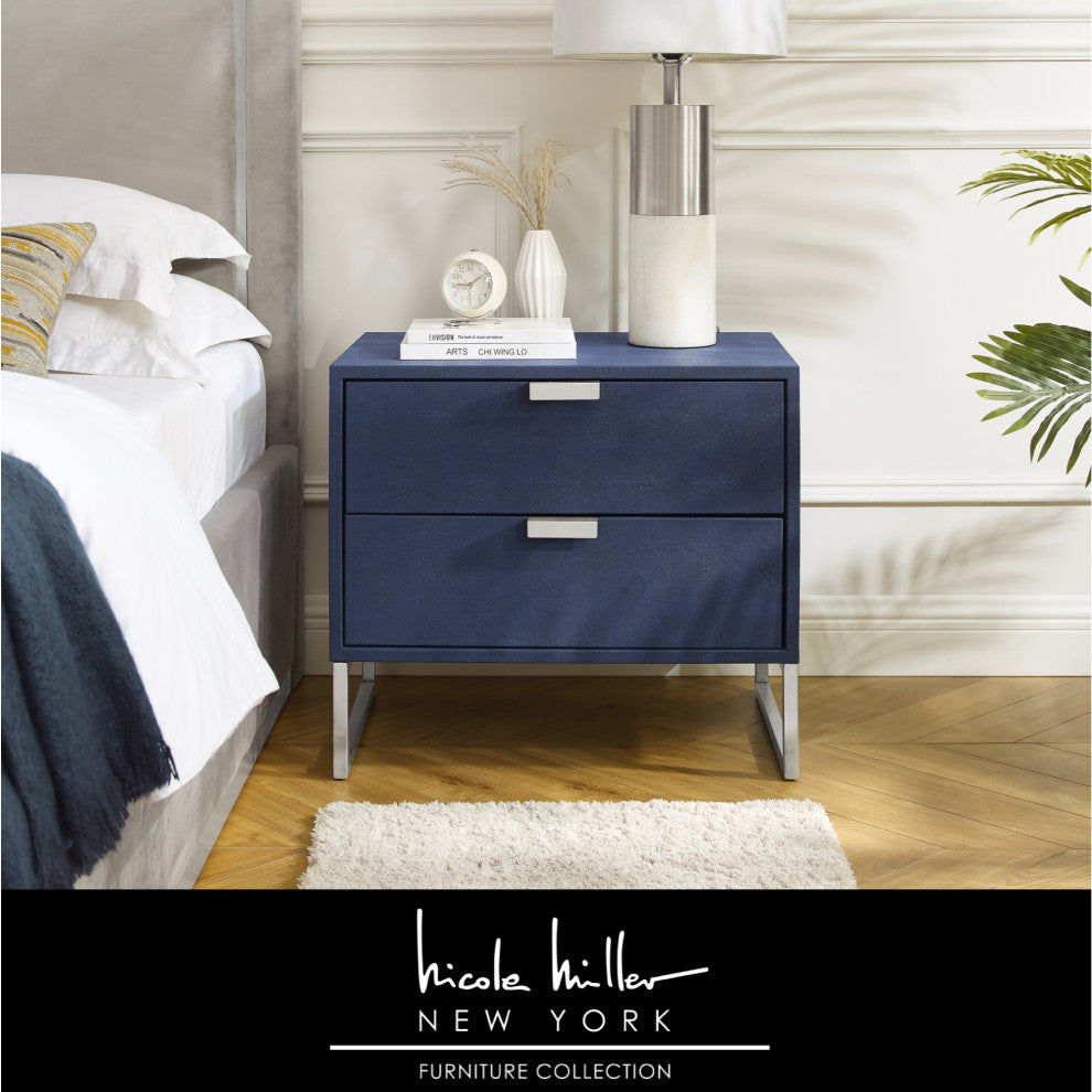 Nicole Miller Chayton Side Table, Faux Shagreen 23.6Lx16Wx21H, Navy/Chrome