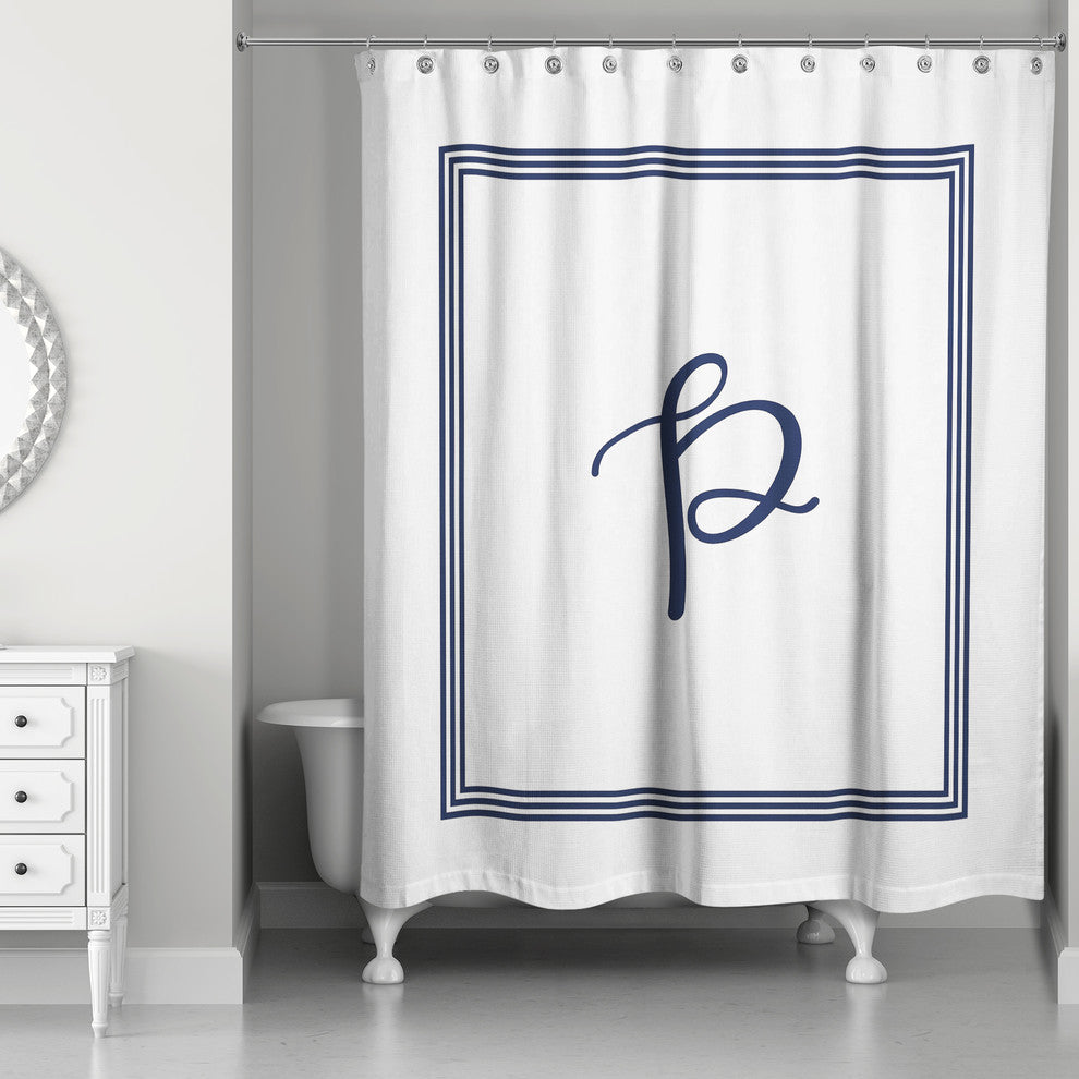 Navy and White Monogrammed Shower Curtain, P