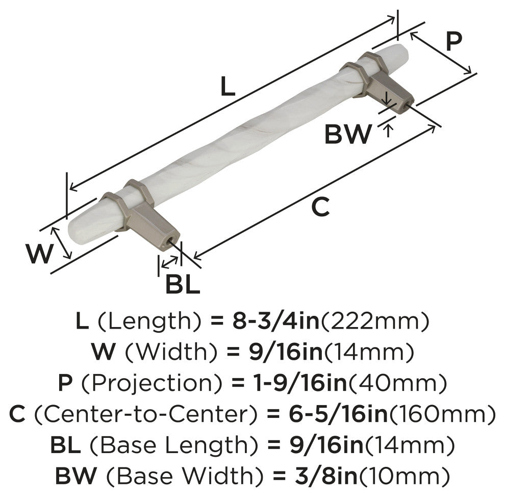 Carrione Cabinet Pull, Marble White/Satin Nickel, 6-5/16" Center-to-Center