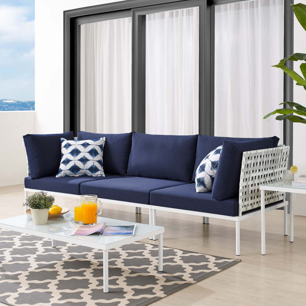 Lounge Sofa, Sunbrella, Aluminum, Metal, Blue Navy, Modern, Outdoor Patio Cafe
