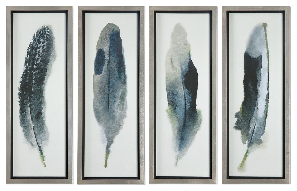 4-Piece Large Tall Black White Feather Wall Art Set, Modern Silver Contemporary