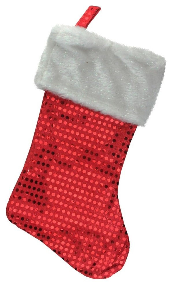 18" Red Sequined Traditional Christmas Stocking With Iridescent Plush White Cuff