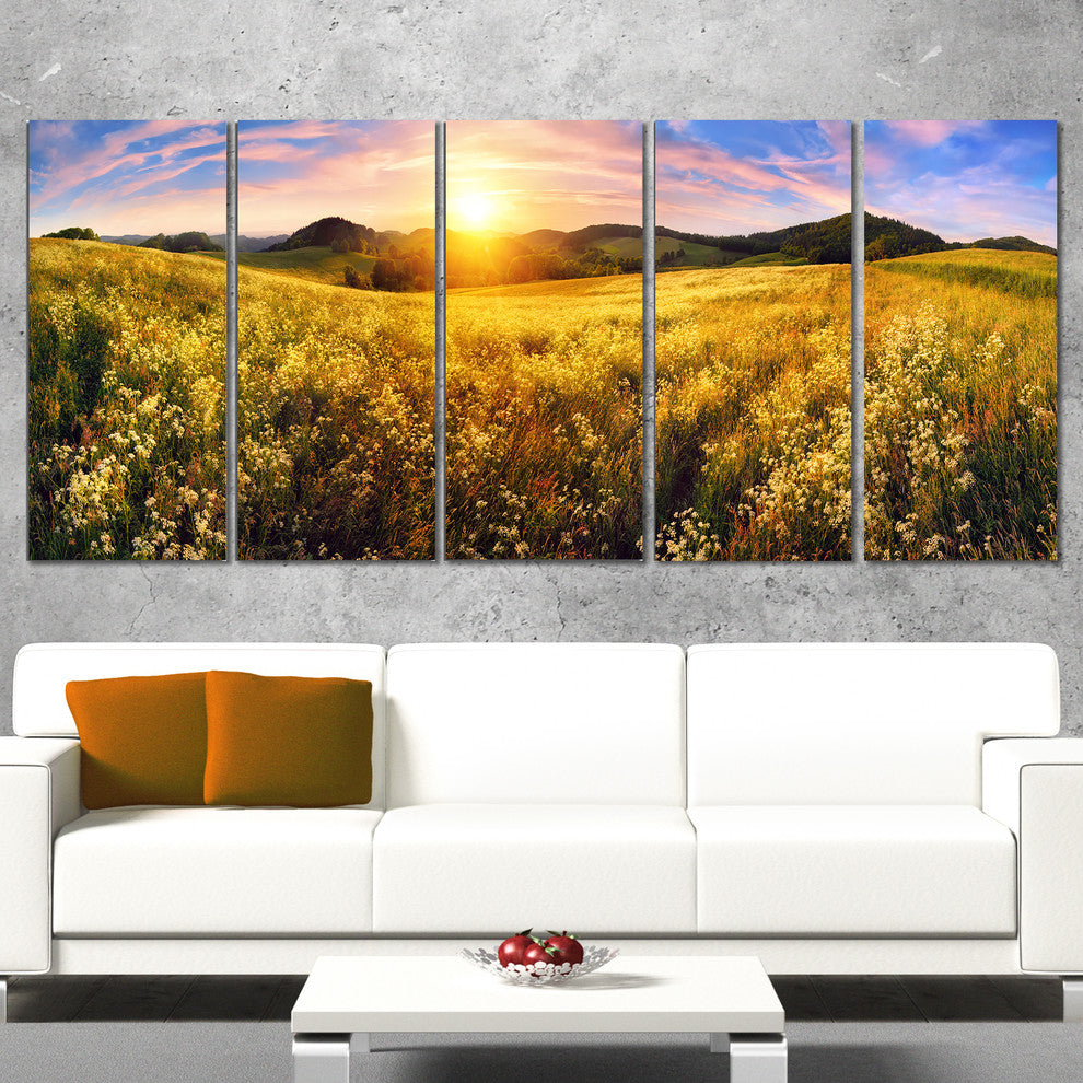 Beautiful Meadow Panorama, Landscape Canvas Art Print, 60"x28", 5 Panels