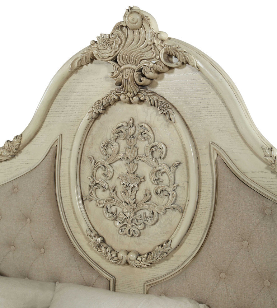 HomeRoots 73" X 89" X 76" Beige Linen Antique White Wood Upholstery Queen Bed