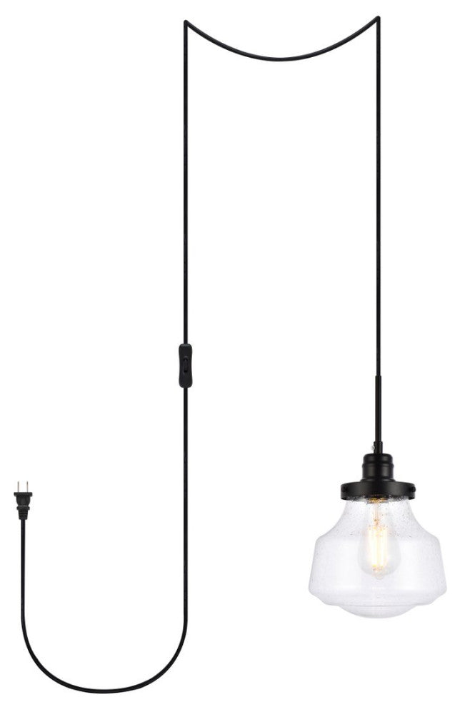 Leighton 1-Light Black and Clear seeded Glass Plug-In Pendant