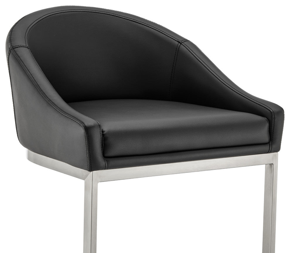 Atherik Bar Stool, Brushed Stainless Steel With Black Faux Leather