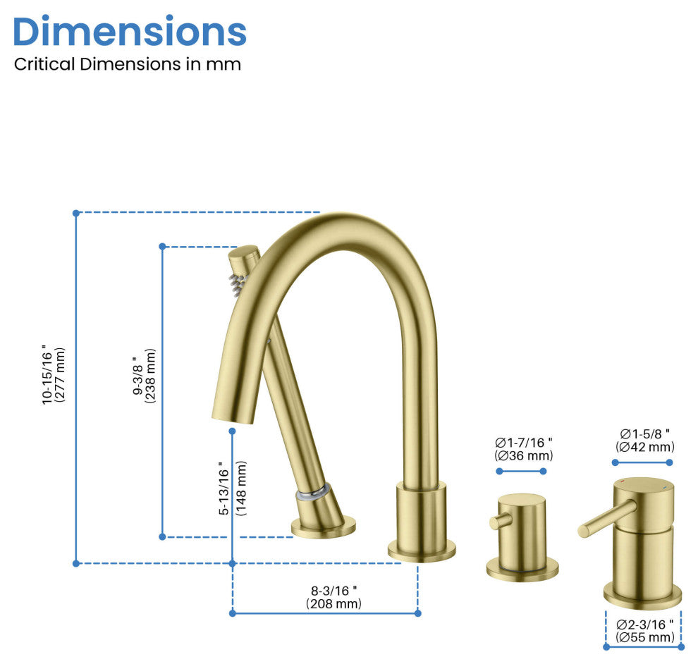 Circular Deck Mounted Bathtub Faucet With Hand Shower, Brushed Gold