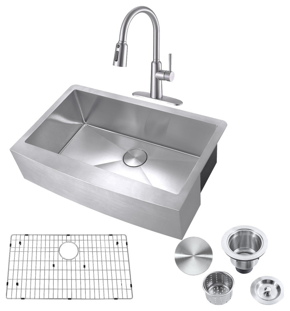 33" Farmhouse Kitchen Sink and Faucet Combo, Drain  Strainer, Protective Grid