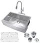 33" Farmhouse Kitchen Sink and Faucet Combo, Drain  Strainer, Protective Grid