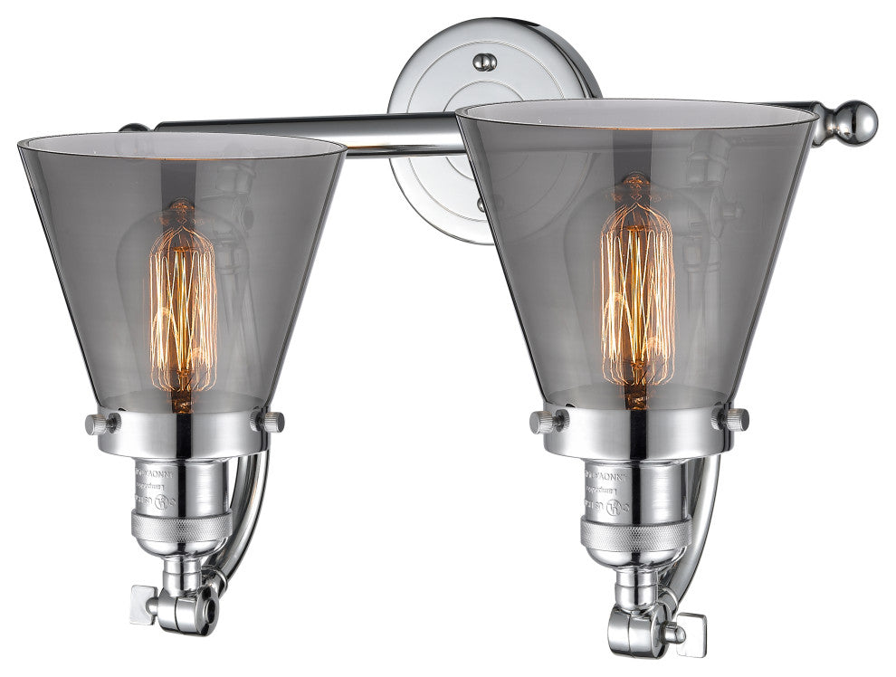 2-Light Small Cone 18" Bath Fixture, Polished Chrome, Glass: Smoked