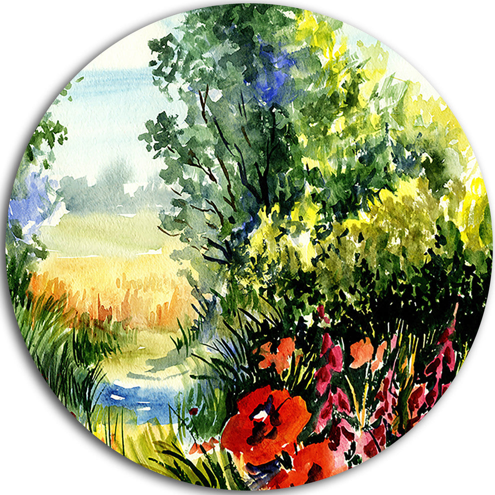 Watercolor Landscape With Flowers, Landscape Round Wall Art, 11"
