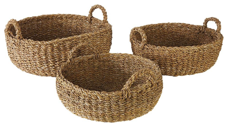 Set of 3 Woven  Sea Grass Shallow Storage Baskets Round 20 18 16 in Natural Spa