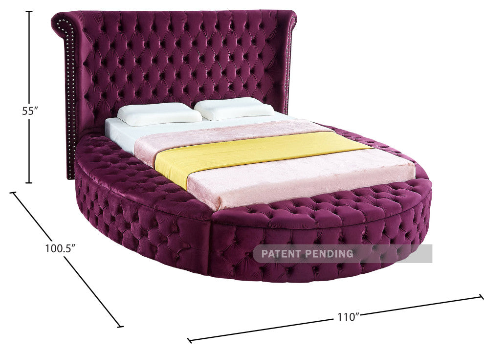 Luxus Button Tufted Velvet Round Bed, Purple, King