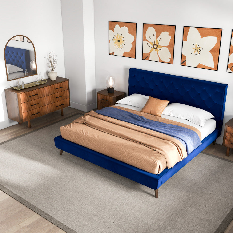 Ashley Midcentury Velvet Tufted Solid Wood Platform Bed, Blue, King