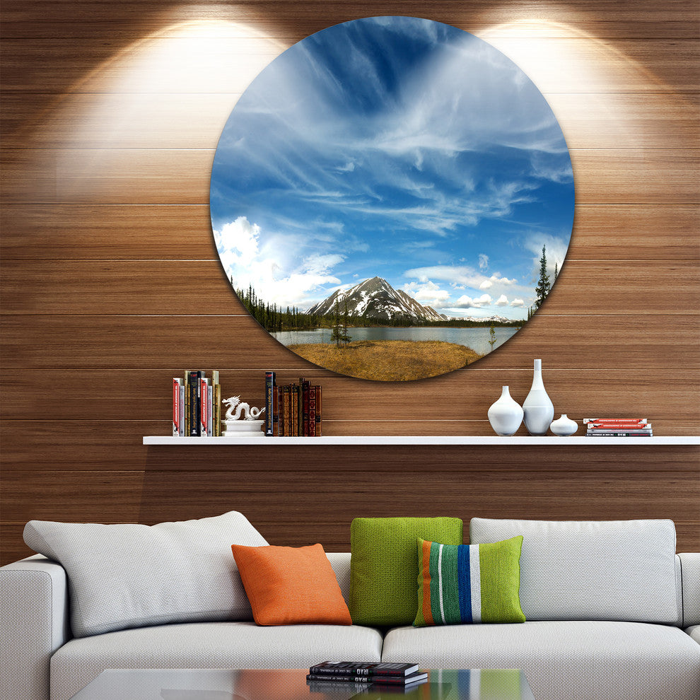 Mountain And Lake Under Blue Sky, Seashore Disc Metal Wall Art, 23"
