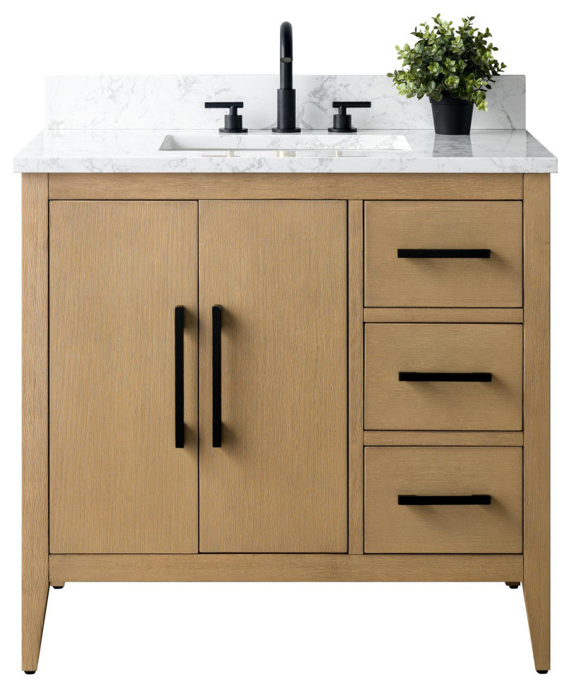 Vanity Art Bathroom Vanity With Sink, Natural Oak, 36", Single Sink, Matte Black