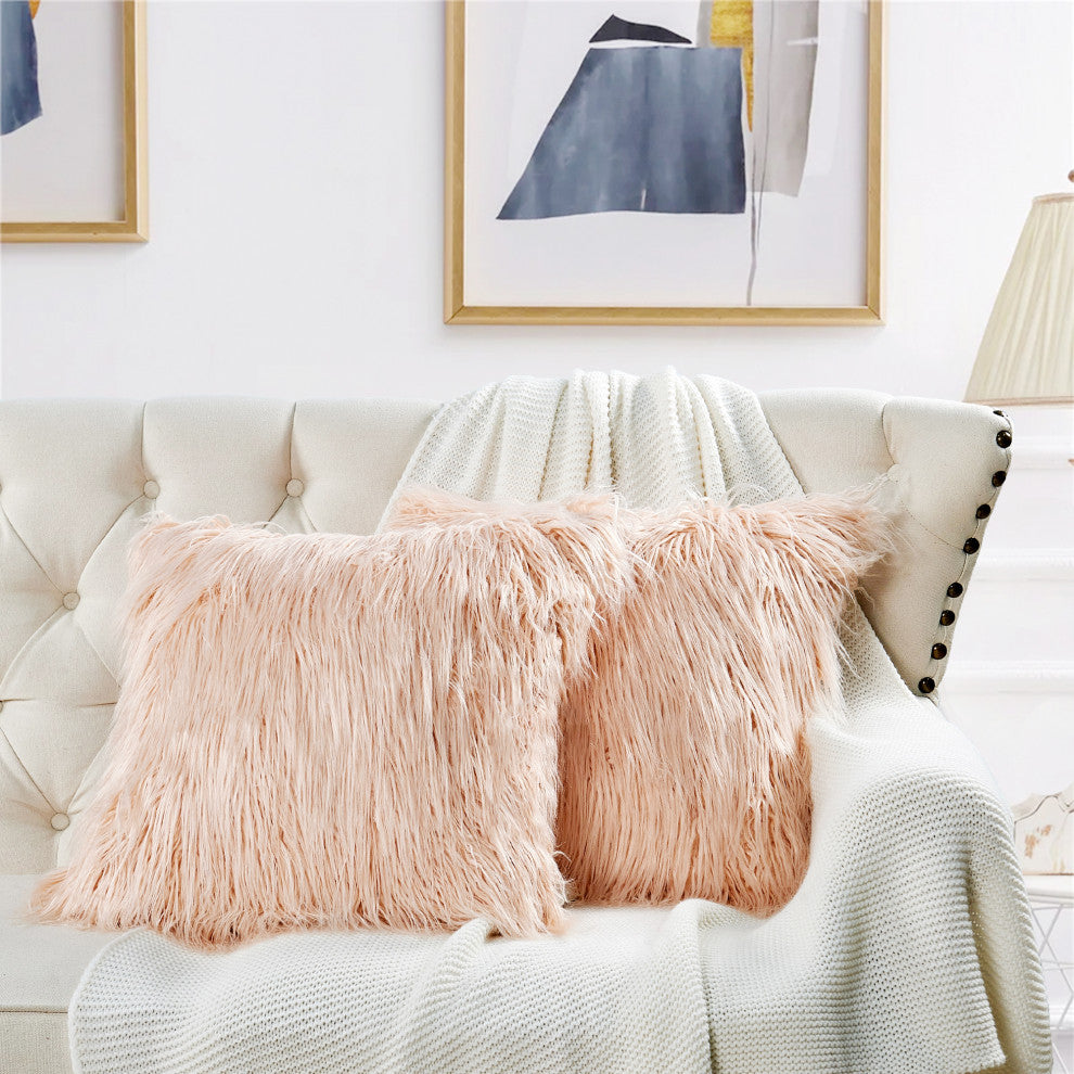Mongolian Faux Fur Pillow Shell Set, Rose, 20"x20"