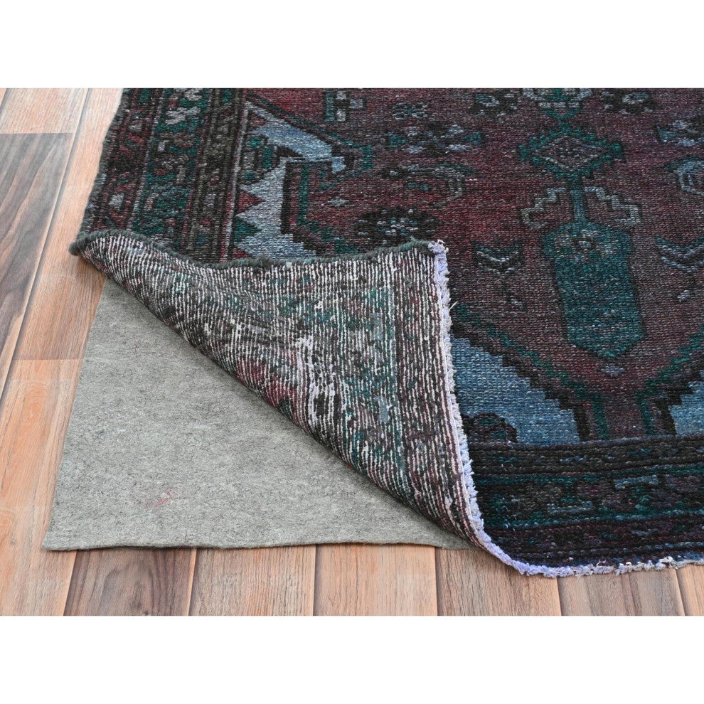 Light Red Overdyed Vintage Persian Hamadan Hand Knotted Pure Wool Rug, 3'5"x9'7"