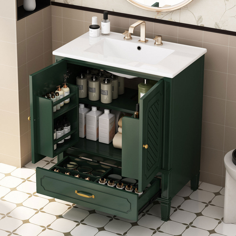 GDF Studio 30" Vintage Vanity With Sink, Drawer & Adjustable Shelf, Dark Green