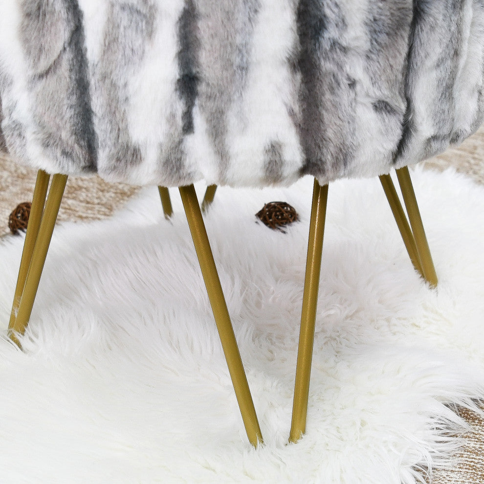 Multi Jacquard Faux Fur Round Ottoman, Grey, 18"x18"x8"