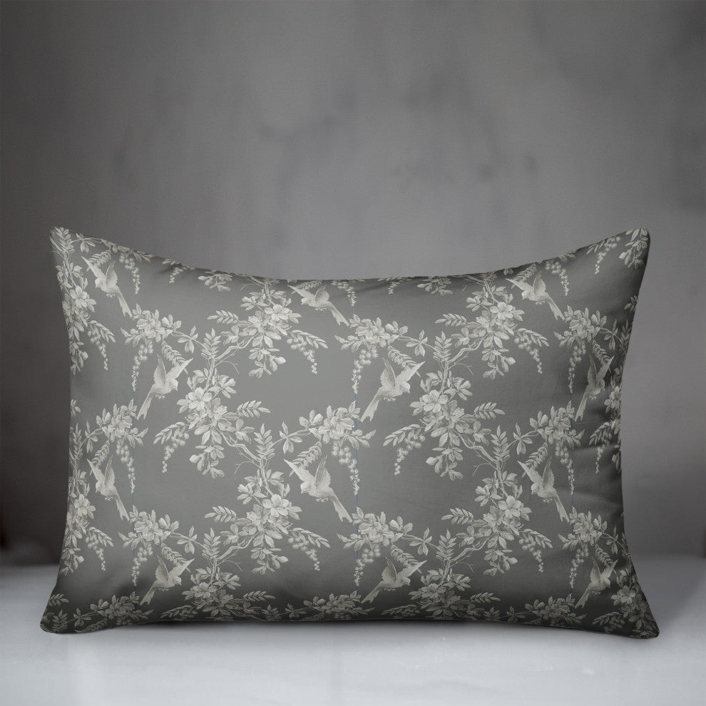 Birds Leaves Monochrome On Gray 7 14x20 Spun Poly Pillow